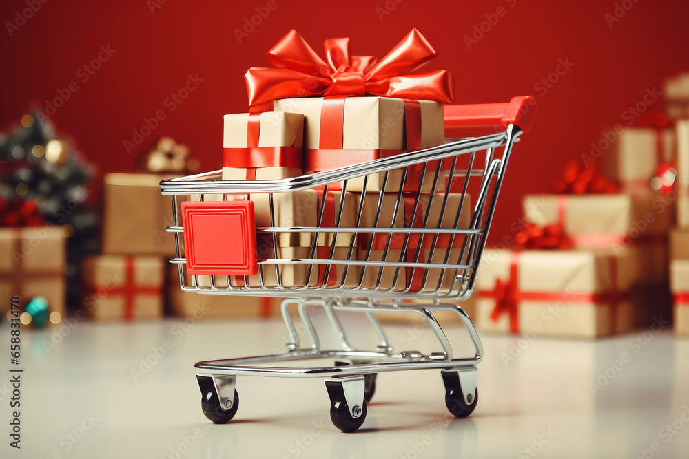 Festive Delights, Gift-Filled Shopping Cart Brimming with Joy and Celebration