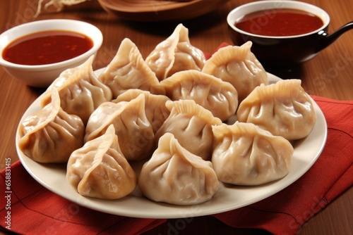 a plate of dumplings with sauces