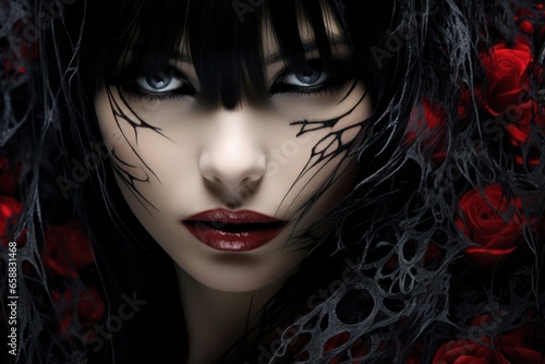 a woman with black hair and red lips