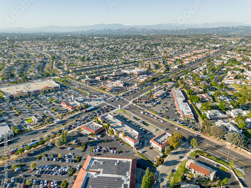Buena Park, California – October 6, 2023: aerial drone view toward Buena Park Koreatown with H Mart, Hannam Chain Supermarket, Zion market, restaurants, houses, with Beach Blvd