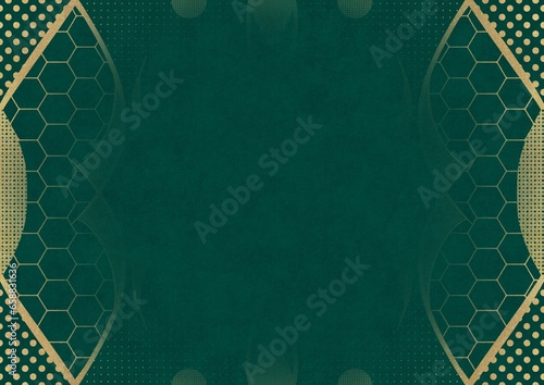 Dark cold green textured paper with vignette of golden hand-drawn pattern. Copy space. Digital artwork, A4. (pattern: p12a)