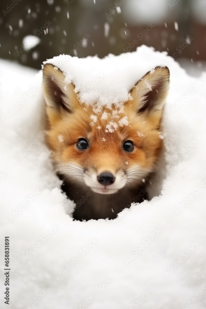 a fox peeking out of snow