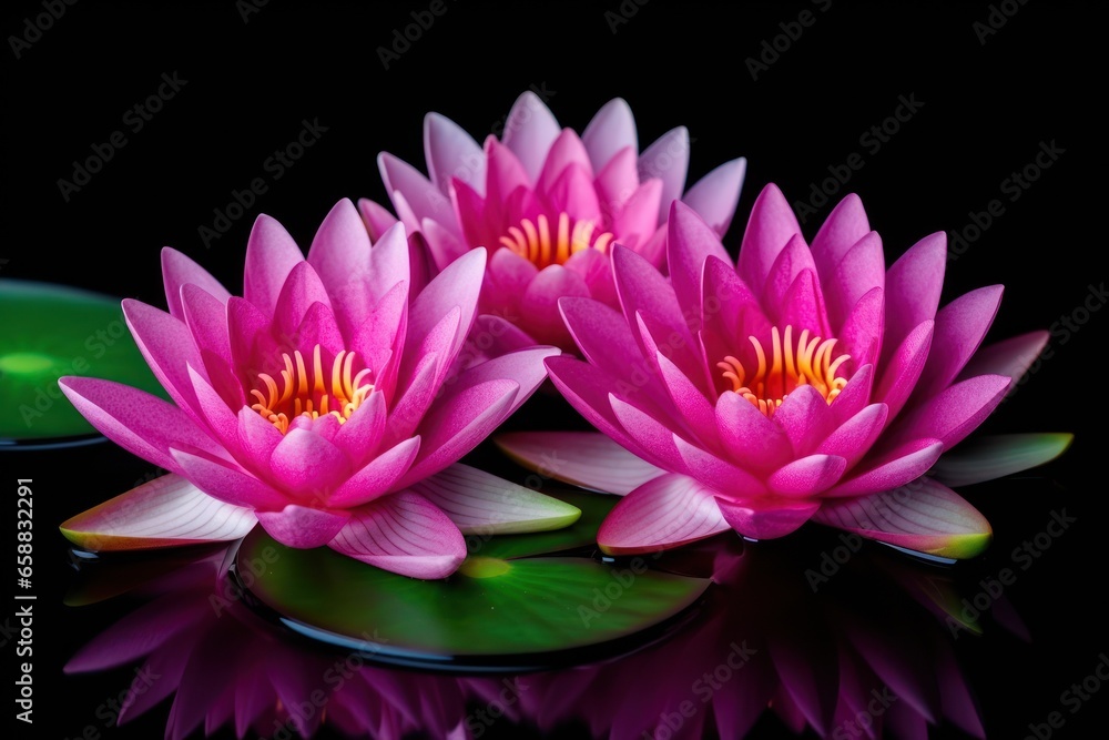 a group of pink flowers on water