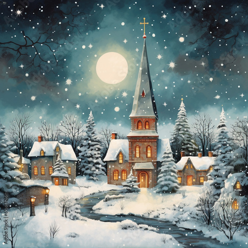 a snowy village with a church and a full moon