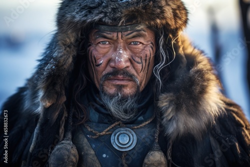 a man with face paint and fur hat