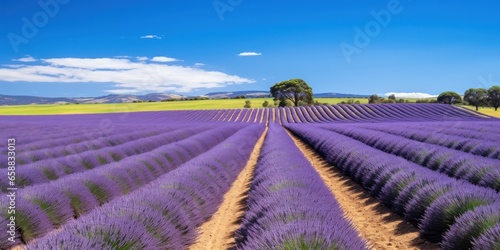 a field of lavender with a tree in the background