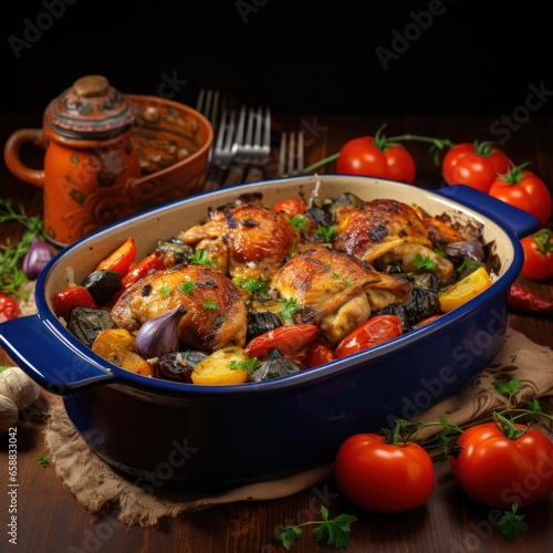 a blue casserole dish with chicken and vegetables