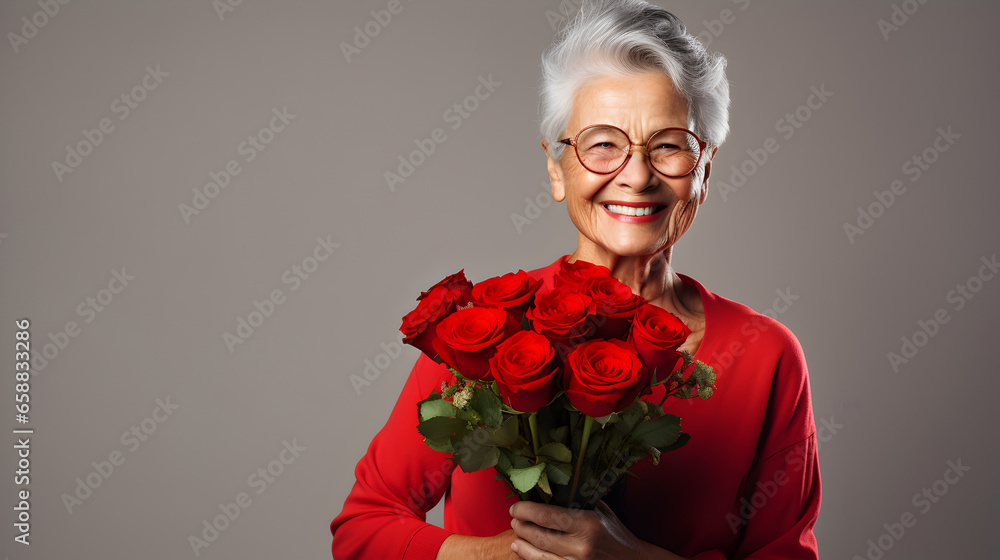 grand mère qui reçoit un bouquet de roses rouges grand mère qui reçoit un bouquet de roses rouges