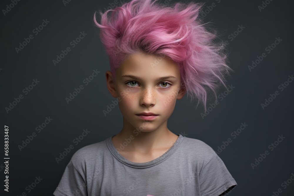 a young boy with pink hair