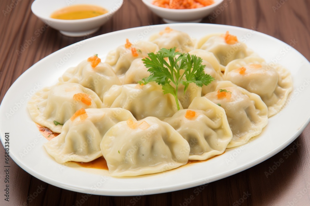 a plate of dumplings on a wood surface a plate of dumplings on a wood surface