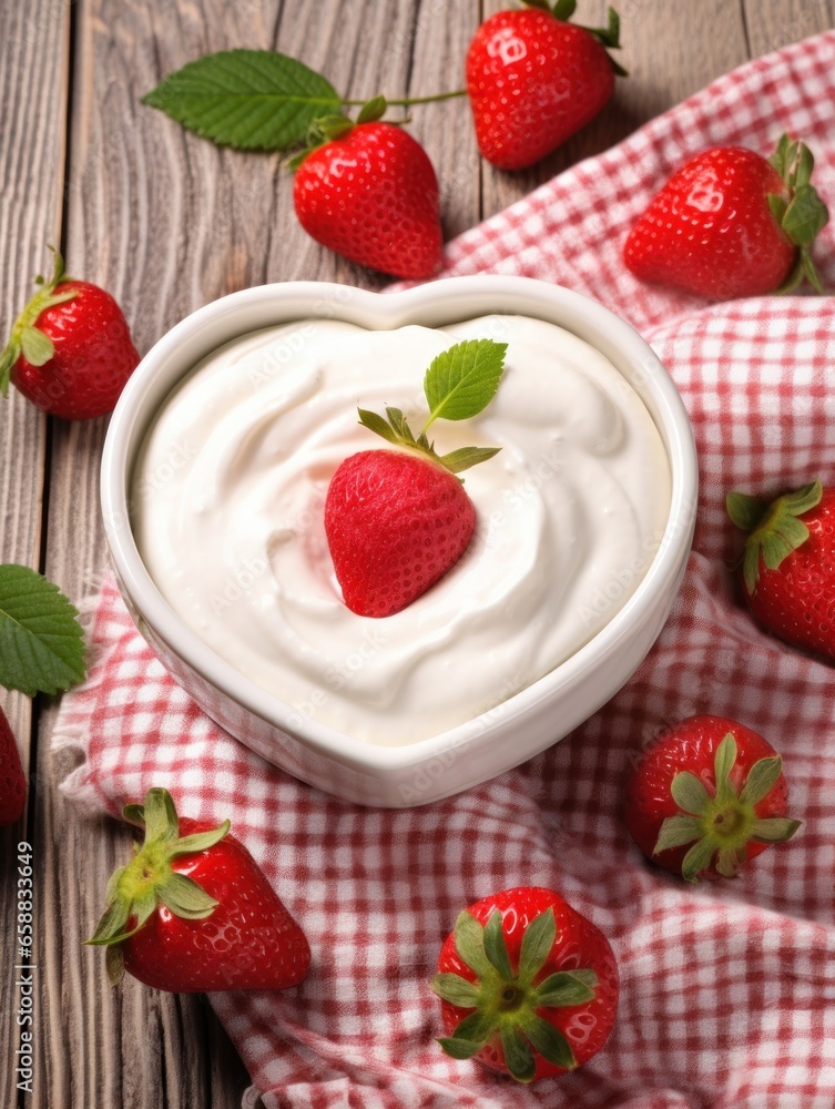 a bowl of cream with strawberries in the shape of a heart a bowl of cream with strawberries in the shape of a heart