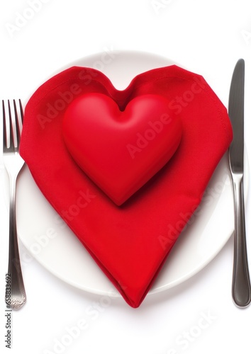 a heart shaped red object on a white plate with a fork and knife © sam