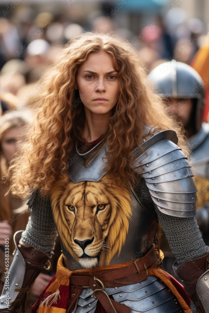 a woman in armor with a lion on her chest