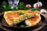 a plate of omelette with parsley on it