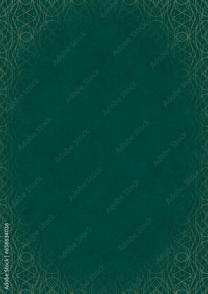 Dark cold green textured paper with vignette of golden hand-drawn pattern. Copy space. Digital artwork, A4. (pattern: p10-2f)
