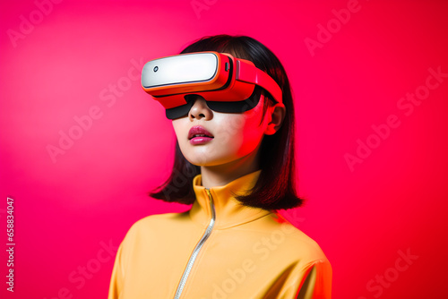 Asia Korean young woman s Using The Virtual Reality Headset. modern Portrait With Trendy Look And Bright Colors