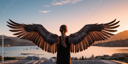 a woman with wings in front of a body of water © sam