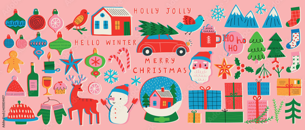 Christmas set of graphic elements, hand drawn style - cute objects, snowmen, Santa Claus and other elements.