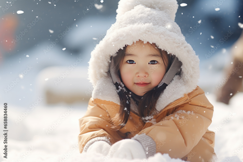 An asian girl toddler wearing a beanie and coat kneeling and playing with snow An asian girl toddler wearing a beanie and coat kneeling and playing with snow