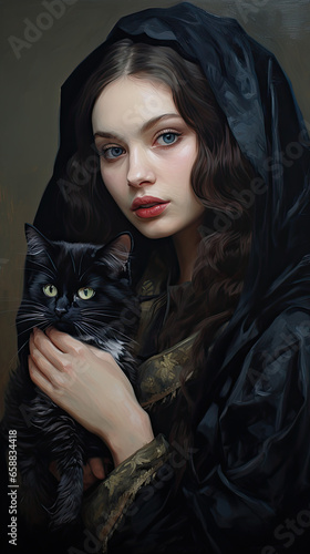 young gothic girl, make up, holding a cat, figurative painter, fineart, oldschool, vintage.