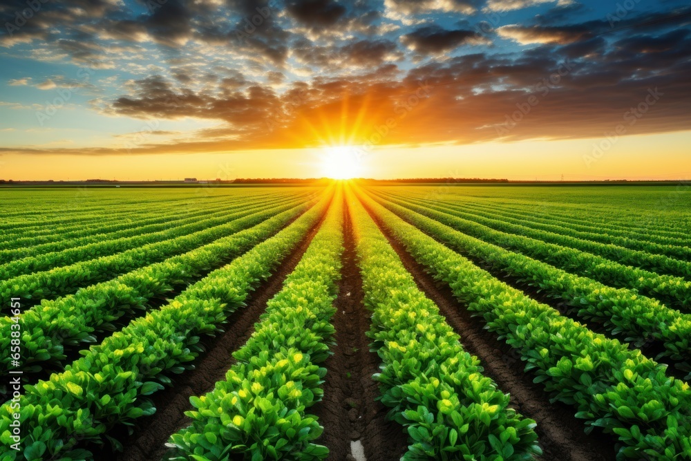 a field of green plants with the sun setting behind it a field of green plants with the sun setting behind it