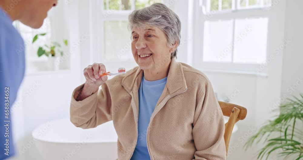 Old woman, brushing teeth or nurse helping in nursing home, retirement clinic for wellness or support. Explaining, talking or elderly patient cleaning mouth with caregiver for dental or oral health Old woman, brushing teeth or nurse helping in nursing home, retirement clinic for wellness or support. Explaining, talking or elderly patient cleaning mouth with caregiver for dental or oral health