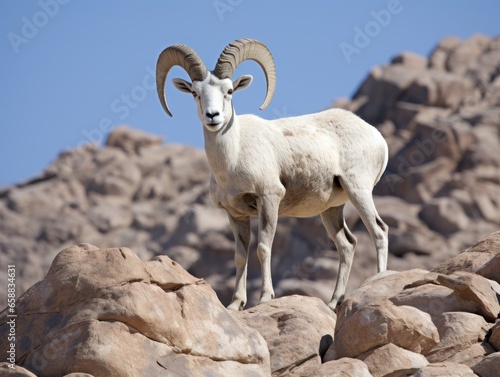 a goat standing on rocks