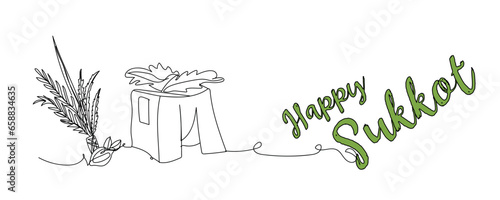 Greeting banner for Sukkot with sukkah on white background