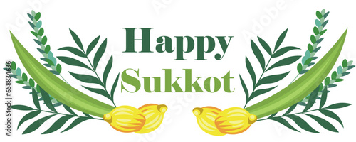 Greeting banner with Sukkot festival symbols on white background