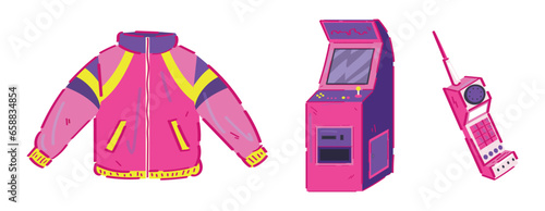 Retro sports jacket with stand up arcade machine and first mobile phone on white background