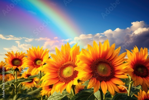 a group of sunflowers with a rainbow in the background