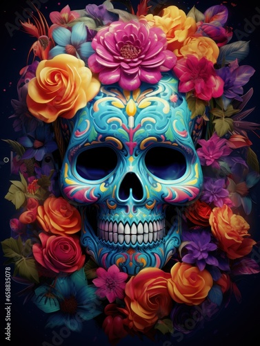 a skull with flowers around it