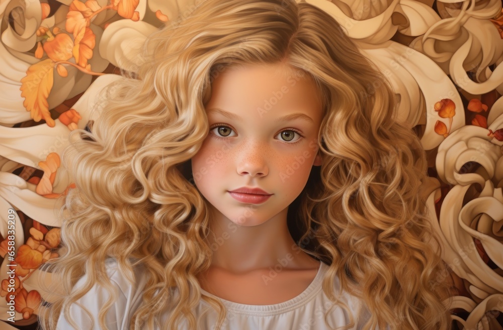 a girl with long curly hair