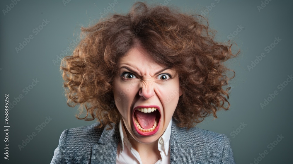 a woman with curly hair screaming - obrazy, fototapety, plakaty 