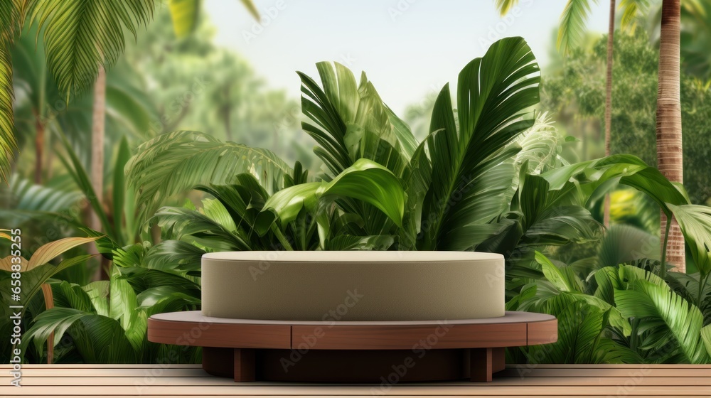 a round platform with a wooden surface surrounded by plants