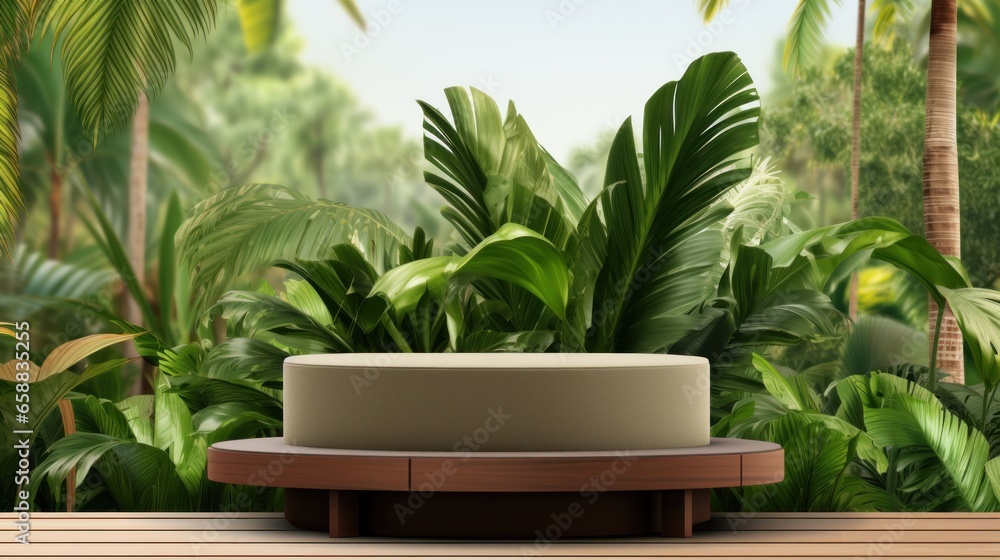 a round platform with a wooden surface surrounded by plants a round platform with a wooden surface surrounded by plants
