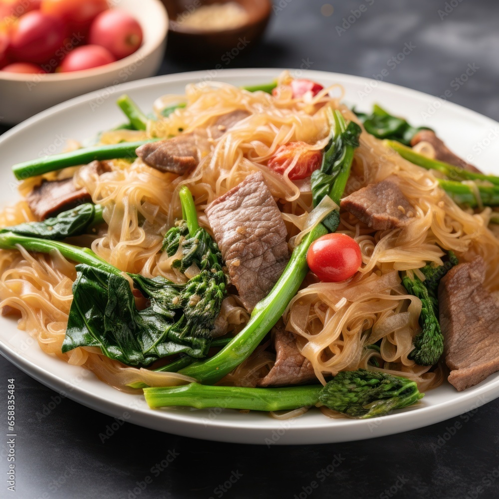a plate of noodles with meat and vegetables a plate of noodles with meat and vegetables