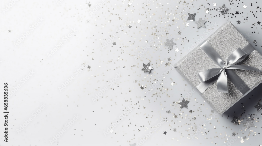 Silver Gift Box on a Silver Background Top View with Copy Space Silver Gift Box on a Silver Background Top View with Copy Space