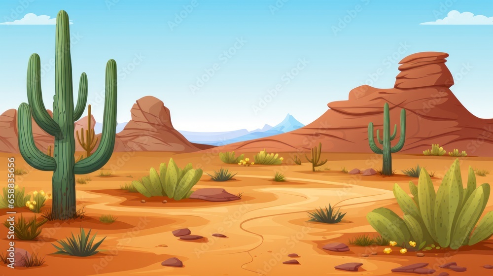 a desert landscape with cactuses and rocks