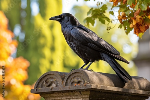 a black bird sitting on a stone pillar