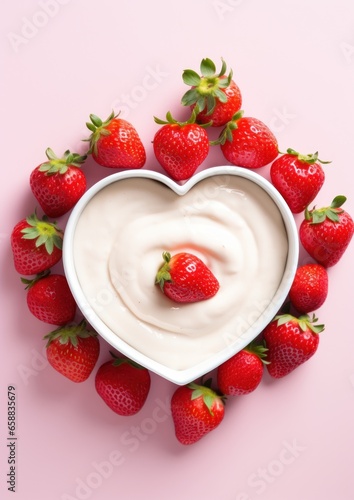 a bowl of cream and strawberries