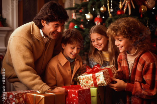 Retro Christmas Delight. Nostalgic Scenes of Families Unwrapping Gifts in the 60s and 70s. 