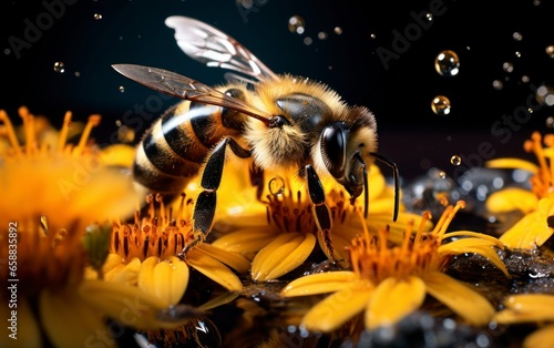 Floral Symphony. Vibrant Blooms, Dew Drops, and Busy Bees. Generative AI © Godam