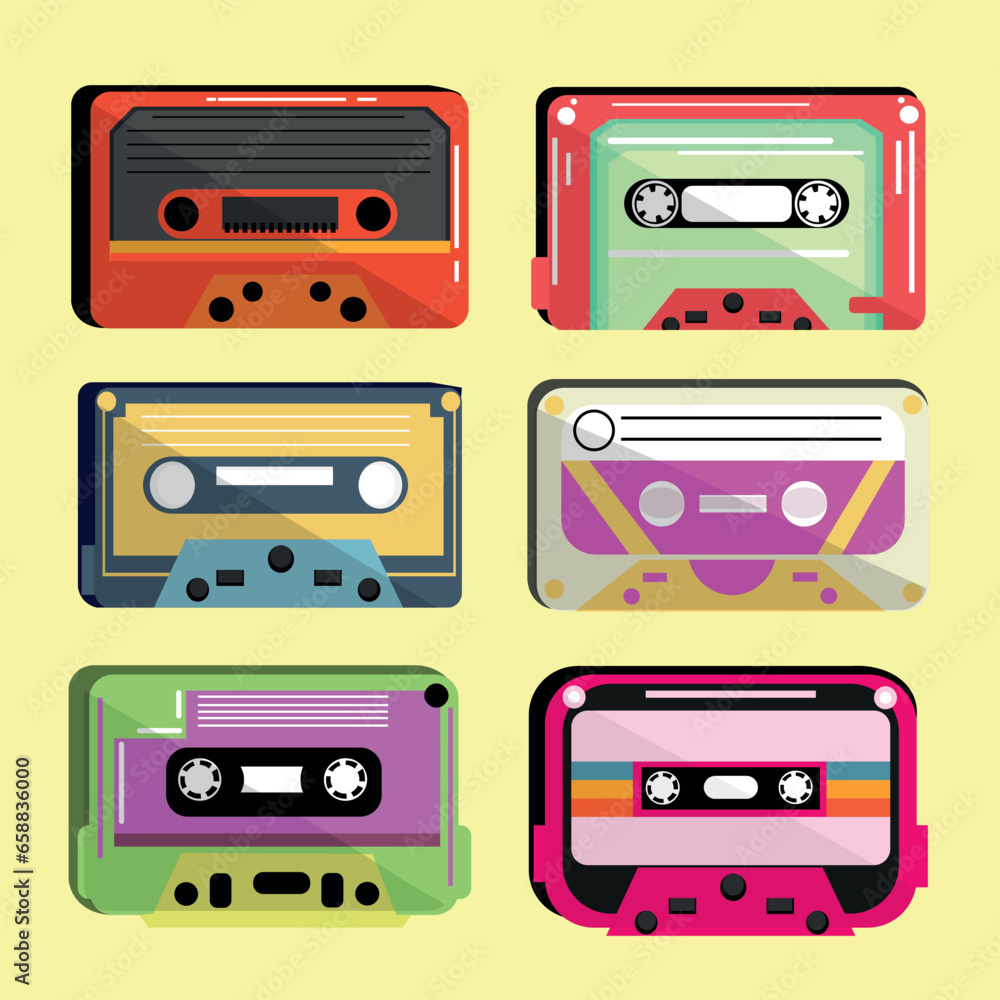 Fototapeta premium Set of audio cassettes on yellow background