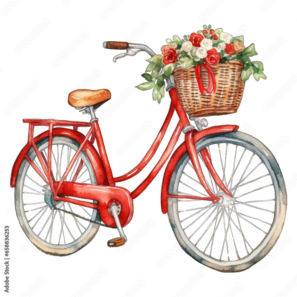 Christmas themed decorated bicycle, isolated, with a basket