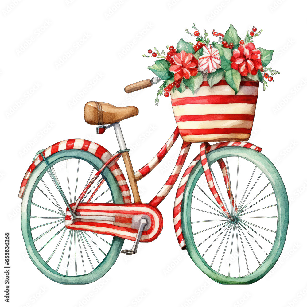 Christmas themed decorated bicycle, isolated, with a peppermint style striped design