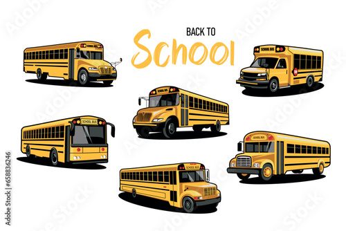Set of yellow buses and text BACK TO SCHOOL on white background 