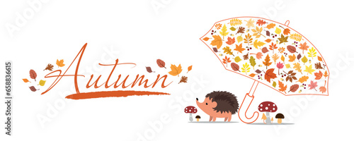 Word AUTUMN, umbrella, hedgehog, mushrooms and leaves on white background