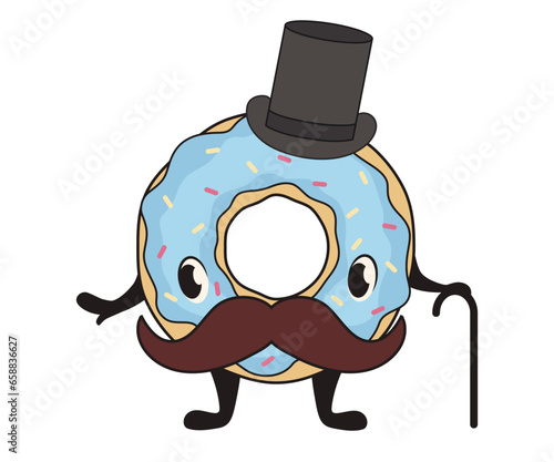 Cute donut with mustache, hat and walking cane on white background