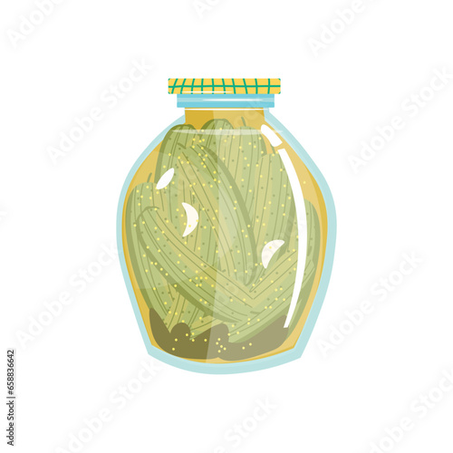 Jar of homemade pickled cucumbers on white background